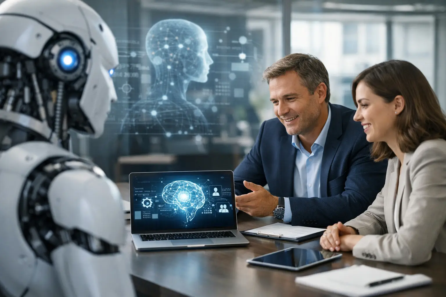 KI Integration Unternehmen – Geschäftsleute besprechen mit einem humanoiden Roboter und einem Laptop mit KI-Dashboard ein Digitalprojekt