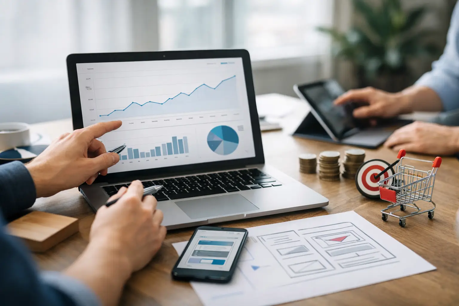 Conversion Optimierung Website – Analyse von Performance-Daten, mobiler Darstellung und Conversion-Wegen auf Laptop, Tablet und Smartphone