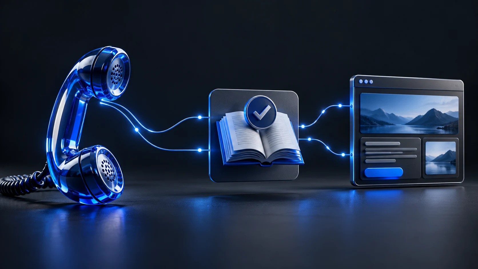 3D-Illustration: Telefon, freigegebenes Wissen und Website sind miteinander verbunden
