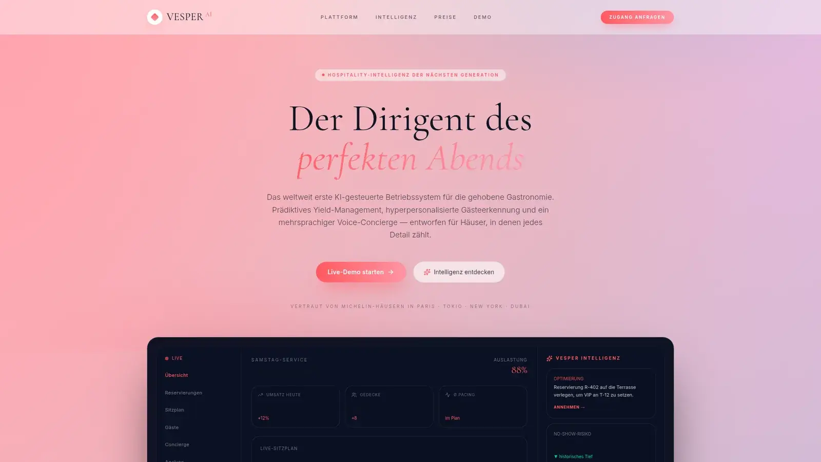 Vesper AI – KI-gestütztes Buchungssystem und Hospitality-Betriebssystem für Fine-Dining-Restaurants, entwickelt von AKRKWebs